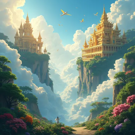 "A beautiful and serene scene of the Deva Loka, the heavenly realm of the Buddhist gods, floating high above the Earth. The scene features lush, vibrant gardens, golden palaces, and radiant light, all suspended in the sky. The sky is filled with soft, fluf...