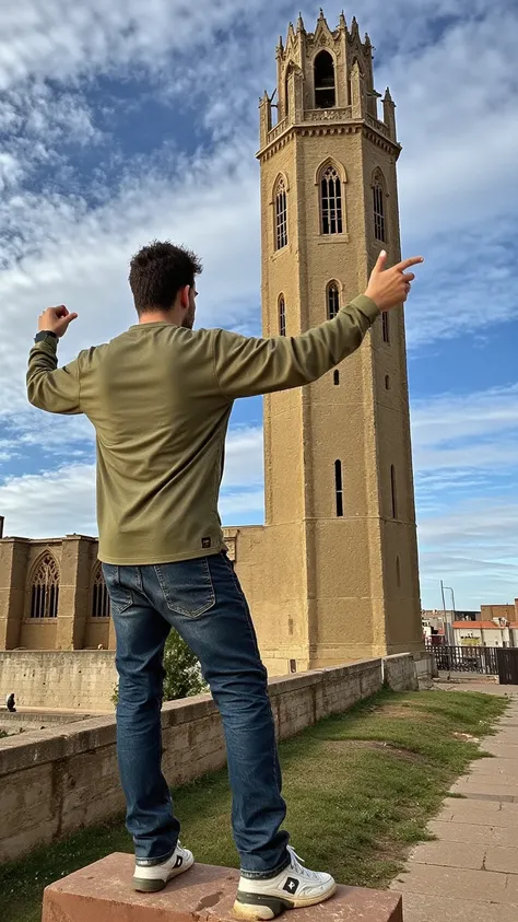 A human figure of monumental proportions, with a disproportionately large head, embraces the imposing tower of the Seu Vella Cathedral with its enormous arms.
The giant is dressed in a casual, contemporary outfit - a loose sweatshirt, worn-in jeans, and a ...