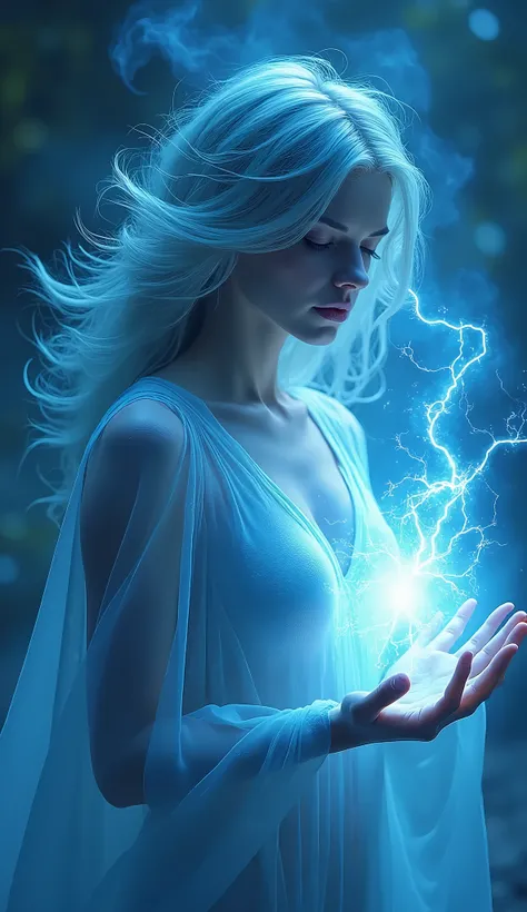  Arafe image of a woman with a blue smoke effect applied to her face,  Glowing Flowing Hair  ,  hair charged , Gives off a blue aura,  energy streaks in the air , swirling flows of energy, Emerging from blue flames ,  Swirling Magical Energy ,  Flowing Shi...