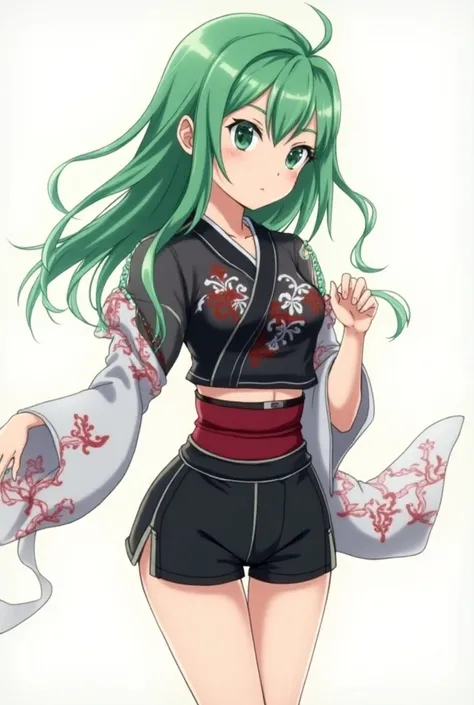 Anime style, full body image. A green haired japanese hero. Her hero costume must be a slender, form-fitting japanese short kimono that allows for fluid movement and versatility in combat. The main color of the kimono is black, with red and white designs a...