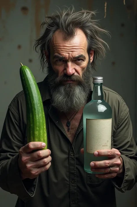  An unkempt man with bristles on his face ,  hair sticks out in different directions ,   in his right hand holds a large bottle of vodka, on the left, the planned cucumber .