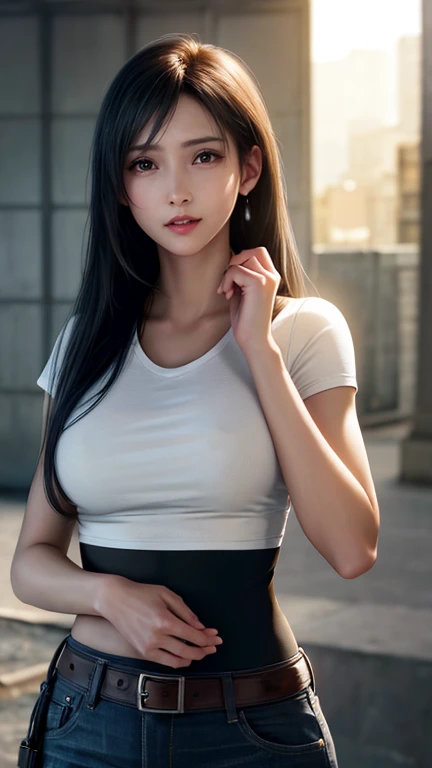 Dressed, (Tifa),(photo Realistic:1.4), (hyper Realistic:1.4), (Realistic:1.3),
(Smoother lighting:1.05), (Improving the quality of cinema lighting:0.9), 32k,
1 girl,20-year-old girl, Realistic lighting, Backlight, The light shines on your face, Ray Tracing...