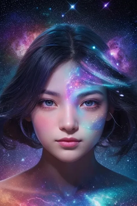 A surreal, hologram,cosmic hologram woman whose face and body are fully merged with the colors and textures of deep space, eliminating all traces of human skin tone and making her appear as though she is formed entirely from galaxies, nebulae, and stardust...