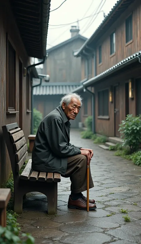 An old man is sitting on a bench in an old Japanese apartment complex 、Housing estate、area５０Year、An old man is walking with a cane