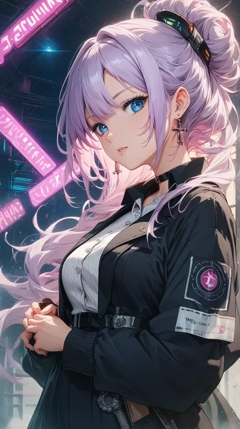 An anime girl with shoulder-length, straight lavender hair and bright blue eyes, dressed in a sleek, high-collared black jacket with silver buttons over a white collared shirt. add light on face to hilight. She wears a thin black choker and cross earrings,...