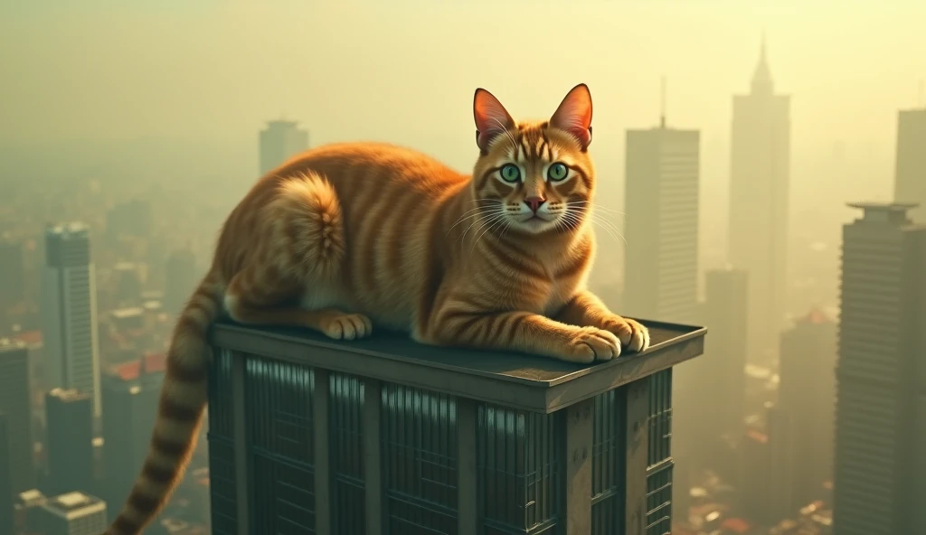 the scene is jakarta city. there is a giant orange cat lying on a tall building. the cats body is as big as the building, giving a giant and surreal impression. the overall tone is advanced yellow gray, foggy, light gray scale, blurred, illusion and myster...