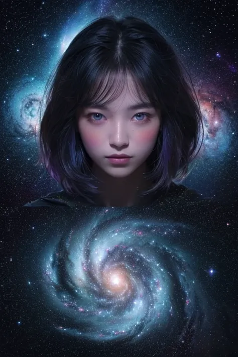 A surreal, hologram,cosmic hologram woman whose face and body are fully merged with the colors and textures of deep space, eliminating all traces of human skin tone and making her appear as though she is formed entirely from galaxies, nebulae, and stardust...