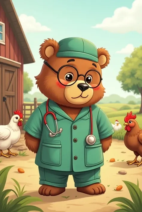 create an illustration image of a cuddly bear wearing a green veterinarians uniform and wearing round lenses and a cap in the background a farm with hens in the background