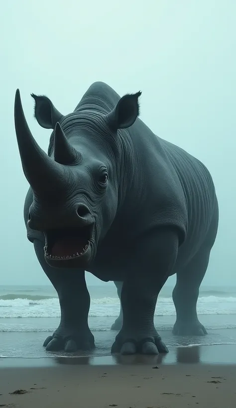 Create a image of a rehino which face is very big and looks like a horror mouth and stand on the beach and in black colour and background should be in light blue colour and rehino should be looks with full body