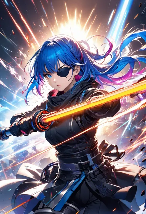 bust up shot, 1 girl,(ninja), (Alone), ((High-tech energy weapon:1.4)),Advanced photon blaster,fight,((Battle Scenes)),Intense Battle,anime girl with long Colorful hair and blue eyes , Colorful Hair Girl,((Eye patch)), Perfect Colorful Hair Girl, lens flar...