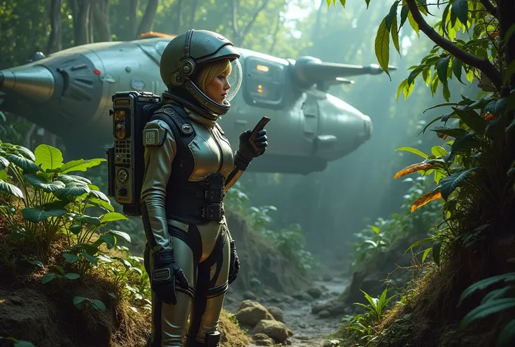 a cute woman (sexy space explorer, lit neon trim, bubble helmet, science tools) is examining plants and animals on an alien forest world, her 50s rocket ship nearby, a tentacle rape beast in shadows
