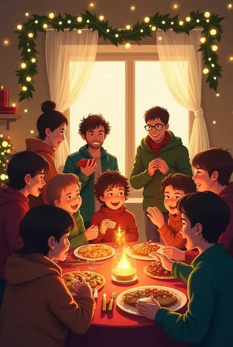 Des enfants et adultes joyeux autour des cadeaux de noel et dun goûter gourmand 