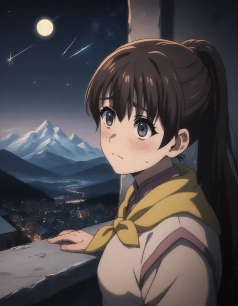 score_9, score_8_up, score_7_up, gsfghtr, multicolored robe, neckerchief, 1girl, shy, blush, best lighting, top of ice mountain, hills, city view, night, moon, shooting stars