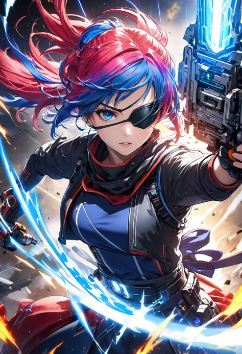 bust up shot, 1 girl,(ninja), (Alone), ((High-tech energy weapon:1.4)),Advanced photon blaster,fight,((Battle Scenes)),Intense Battle,anime girl with long Colorful hair and blue eyes , Colorful Hair Girl,((Eye patch)), Perfect Colorful Hair Girl, lens flar...