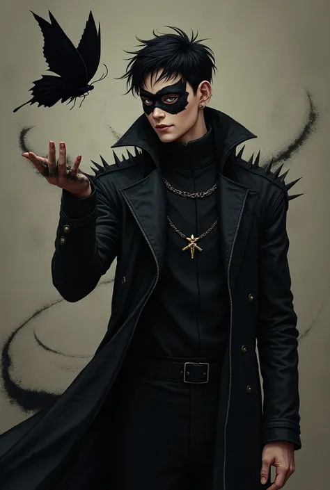 A tall young Atlético man with short black hair and intense charcoal black eyes,  wearing a black butterfly-shaped mask around his eyes . Lip and ear piercings .  Devilish smile Wearing a black overcoat with spikes .  He has his arm extended forward with h...