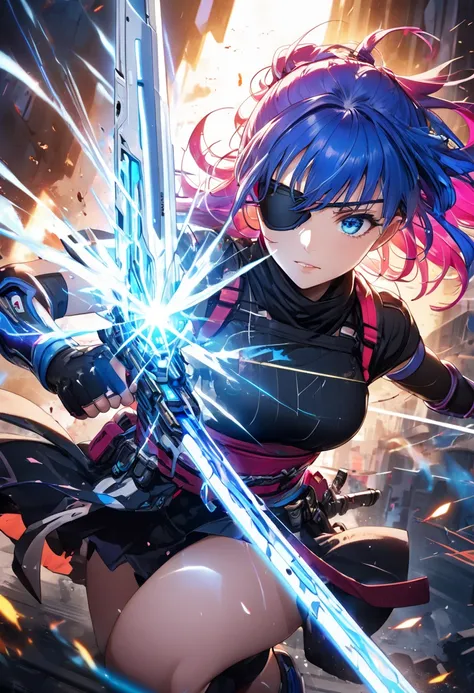 bust up shot, 1 girl,(ninja), (Alone), ((High-tech energy weapon:1.4)),Advanced photon blaster,fight,((Battle Scenes)),Intense Battle,anime girl with long Colorful hair and blue eyes , Colorful Hair Girl,((Eye patch)), Perfect Colorful Hair Girl, lens flar...