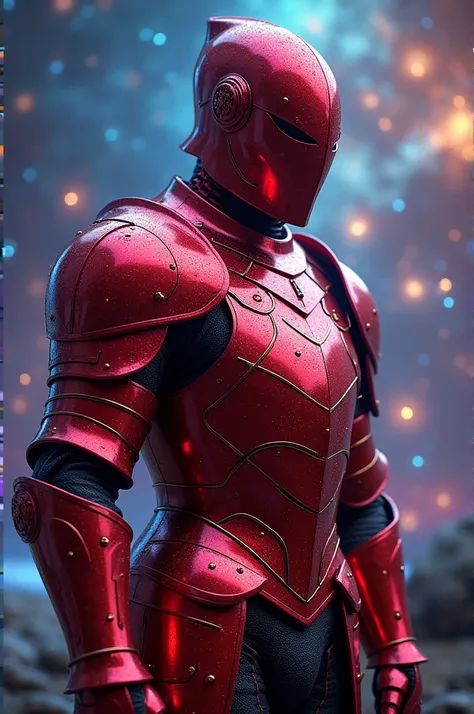 A candy red metal armor,  male armor, medieval type, plate armor, super polished, reflectig the galaxy and  blue stars, reflecting all kind of star colors. gakaxy background, 