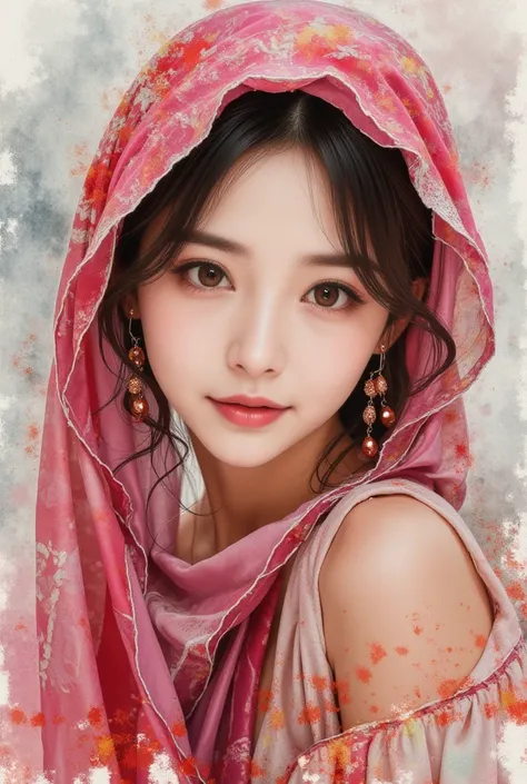 Half-length portrait of a young asian woman with sewn silk scarves covering her head, soft atmosphere, vivid image of multiple layers, very watercolor and colored pencils, vivid and saturated colors, imitating Conrad Roset, fluidity, the young woman has au...