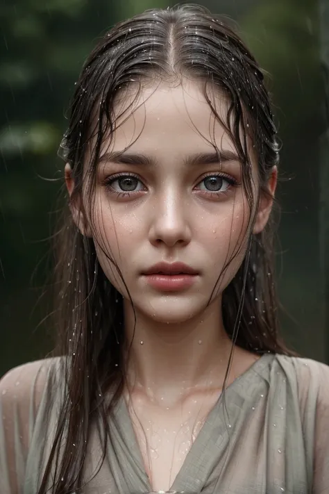 a beautiful young girl daydreaming in the rain, detailed face and eyes, long eyelashes, beautiful detailed facial features, wet hair, raindrops on face, serene expression, soft lighting, muted colors, 8k, photorealistic, masterpiece, highly detailed, cinem...