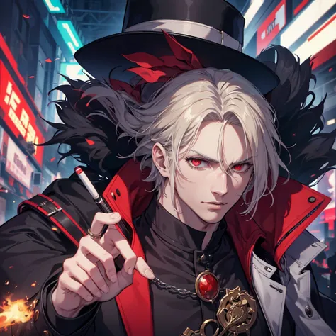 there is a man with a hat and a cigarette in his hand, handsome guy in demon slayer art, alucard, by Drew Tucker, by Sebastian Vrancx, as a character in tekken, 8 k character details, character art closeup, dark but detailed digital art, stunning character...