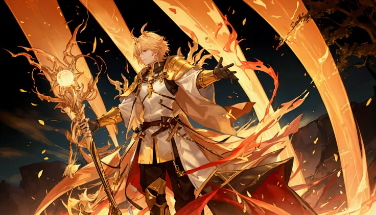 dressed in golden armor 、 majestic figure emphasized by fire effects。 posing like a brave warrior 。

「golden hero ＝ aries warrio...