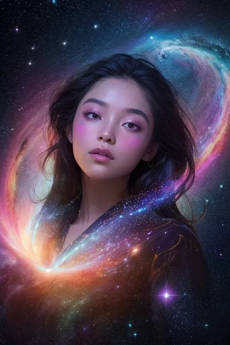 A surreal, hologram girl,invisible girl,cosmic hologram woman whose face and body are fully merged with the colors and textures of deep space, eliminating all traces of human skin tone and making her appear as though she is formed entirely from galaxies, n...