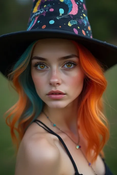 Beautiful 18 years old girl naked, she has colorful rainbow hair and amber eyes, she has a magichat with two eyes 