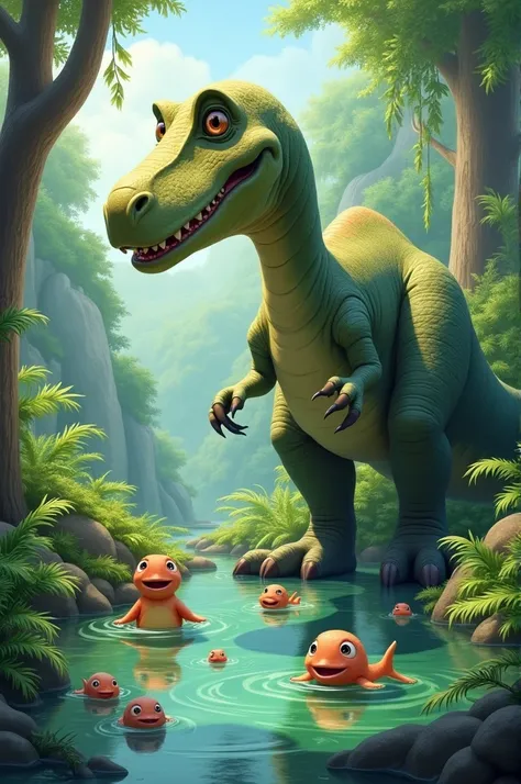 "Create a fun and whimsical scene where a large dinosaur, such as a T. rex or a brachiosaurus, is sitting or lying beside a pond, looking curiously at a small group of tadpoles. The tadpoles should be in various stages of development, swimming around near ...