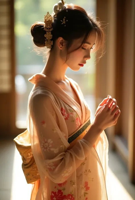 Create an elegant beauty for a busty sexy Japanese girl in a sexy and beautiful traditional dress. Standing in the soft sun, she wore a thin see-through kimono, seeing the lingerie elaborately embellished with colorful patterns such as cranes, flowers and ...