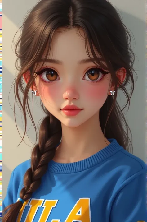 Create a picture of a 16-year-old girl, She is very pretty .  She has hazel brown eyes and long beautiful curved eyelashes .  Sees has an egg-shaped face with a pointed chin .  You can easily see the cheekbones .  She wears earrings with small white gemsto...