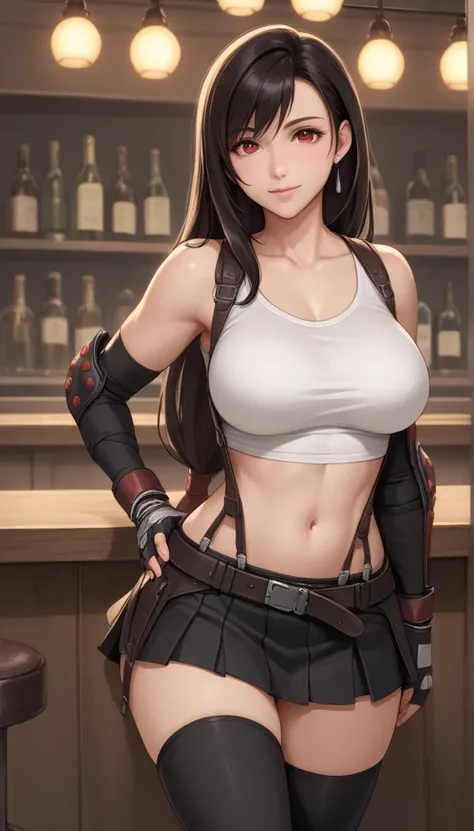 Izayoi Seishin artstyle, (score_9, score_8_up, score_7_up), (best quality, masterpiece),perfect anatomy,(aesthetic,very aesthetic),official style, (ultra-high resolution), 1girl, tifa lockhart, final fantasy,(beautiful woman).tareme, black hair, low-tied l...