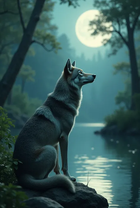 Lone grey wolf green eyes sitting near river looking up to the moon 