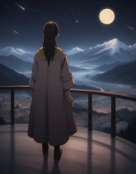 score_9, score_8_up, score_7_up, gsfghtr, multicolored robe, neckerchief, 1girl, sad, best lighting, top of ice mountain, hills, city view, night, moon, shooting stars