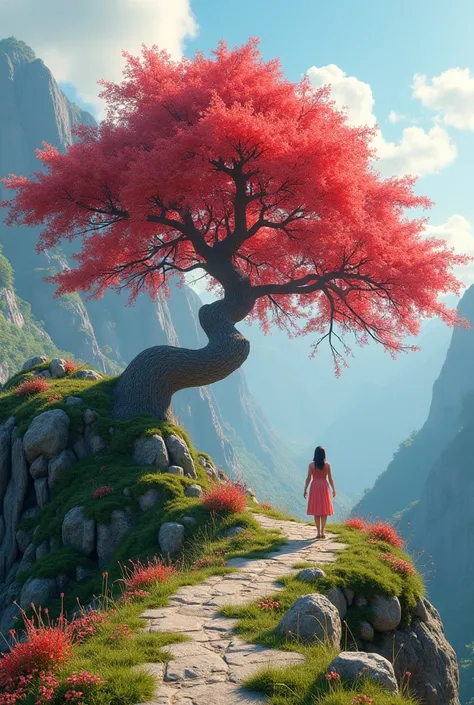 In a mointain area,may mara tree with red flowers and footpath near by the tree and a girl walks on footpath,unreal engine ,4k ultra hd