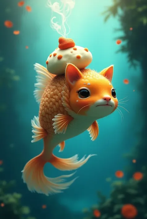 A fish with cat ears, a fin, a cats tail and a dumpling on the top of the head