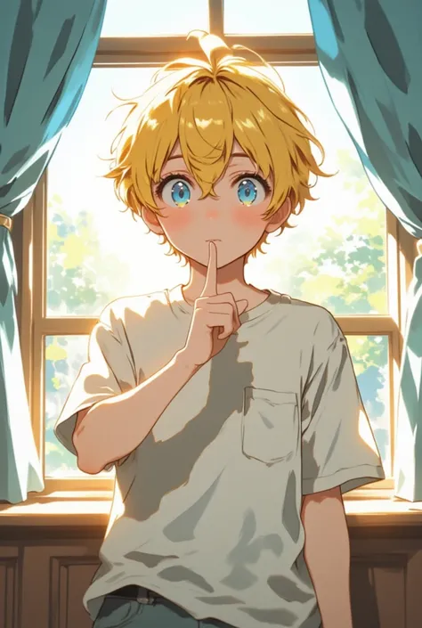 a cartoon character holding up a finger to their mouth in front of a window, kagamine len, 1boy, male focus, blonde hair, solo, blue eyes, looking at viewer, shirt,  upper body