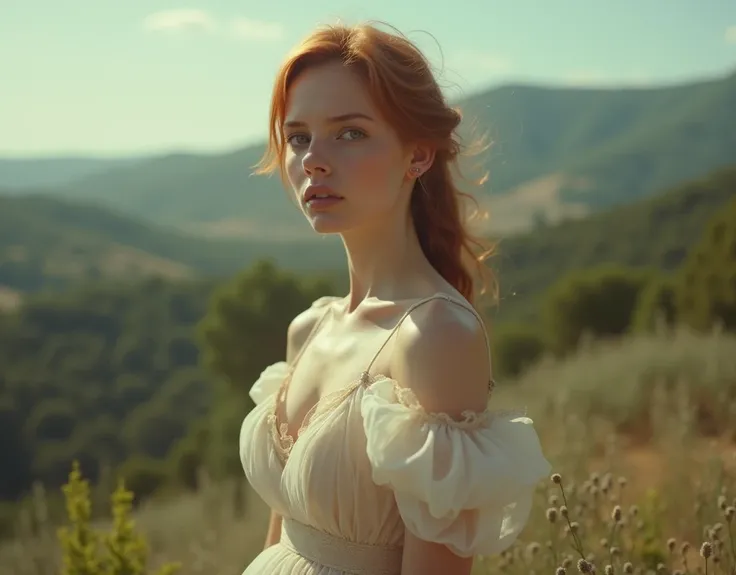 girl, Age 25,  light red hair,  breast contour appearing through the transparency of the dress, nudity, close, framing the waist  .   She looks at a point beyond the observer . Provence. confusion. Super detailed.  Provence. Dressed up .  High-grain film ....