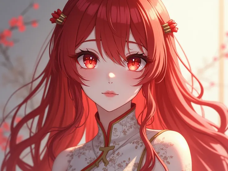 beautiful anime woman, pale white skin, long light red hair, wearing a Chinese dress, light red eyes, high resolution