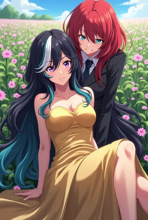 Screenshot of Boku No Hero Academia anime woman long wavy black and turquoise hair with white highlights with purple eyes lying in a gold satin dress and above her her red-haired and blue-eyed best friend dressed as a gangstar smiling from behind a field o...