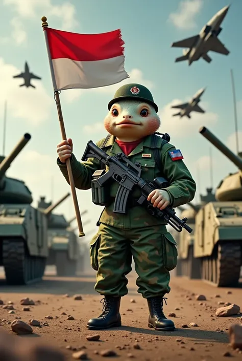 (photorealism:1.2), Indonesian cork fish  ,black color, carries the red and white flag of Indonesia , in military uniform  ,  green loreng and machine gun ,  standing like a man ,  against the background of tanks and fighter jets in the sky.