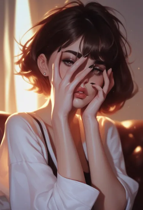 Adult female, dramatic lighting, standing in an empty room, brunette hair in a messy bun on top of her head, pale skin, hands over her face, black liquid seeping between fingers