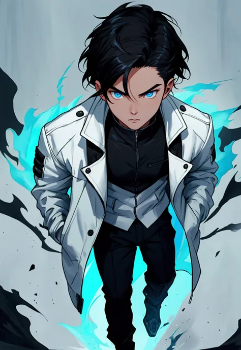 Boy with pointed black hair with blue eyes wearing white jacket with pockets and full body black pants with flames around him 