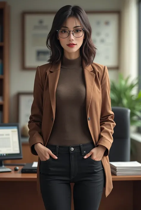 Japanese woman wearing black pants from jeans and brown black t-shirt from wool to her neck with brown business jacket and medical glasses standing in her office