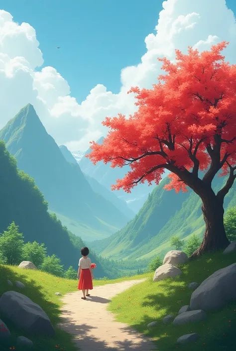 In a mountain area,may mara tree with red flowers and footpath near by the tree and a girl walks on footpath and bunch of flower on girls hand