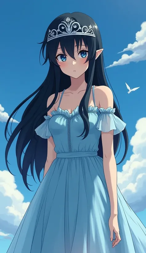  Sad Elf Girl，Black Haired, Blue Eyes ， Unspeakably Beautiful ，Mature appearance，He wears a silver crown on his head，Slim and plump in a transparent blue tulle dress ， Draw a full-body photo of her in Japanese Ghibli anime style。