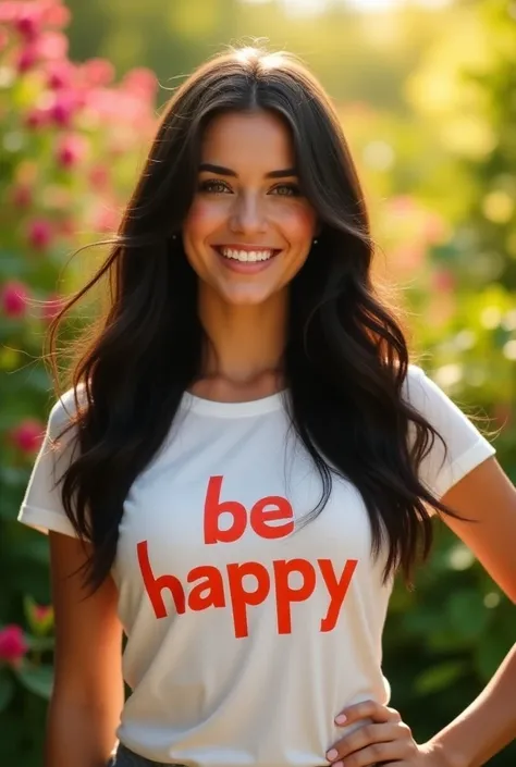 A beautiful young Russian woman long black hair smiling huge breast wear fitted t-shirt write on vibrant "BE HAPPY" standing on garden 