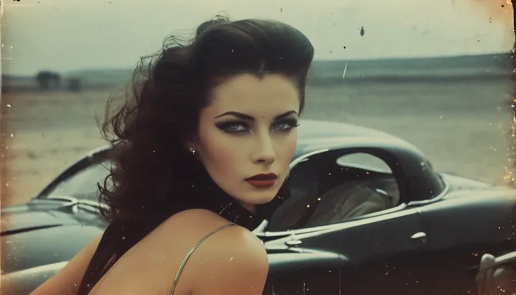 A stunning vintage photo of a lady lying on a very futuristic sports car