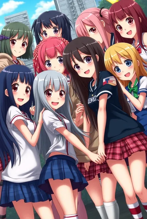  screen filled with 7 faces ,000 anime long-haired girls , Colorful,  very short skirt , Colorful太もも丈の靴下, とColorful原宿ファッション.  theyre all tightly packed, Smiling a little,  group photos facing the camera , nude,
