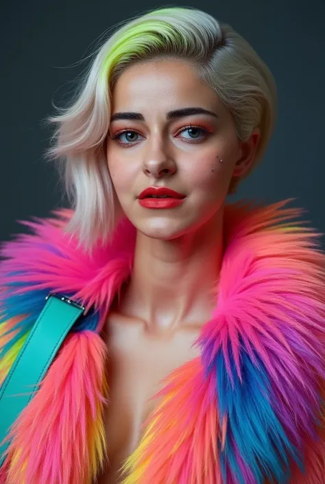 super detailed, vibrant portrait of a striking woman with a unique, colorful aesthetic. Her platinum-blonde hair is styled in a sleek, voluminous look with streaks of rainbow colors – green, purple, pink, and hints of yellow – adding a bold, artistic flair...