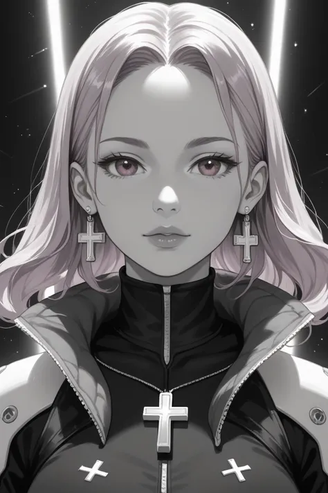 Positive prompt "An anime girl with long, flowing lavender hair styled in loose waves, dressed in a sleek, high-neck black and silver bodysuit with intricate circuitry patterns. She has soft brown eyes, a black choker with a tiny cross pendant, and silver ...